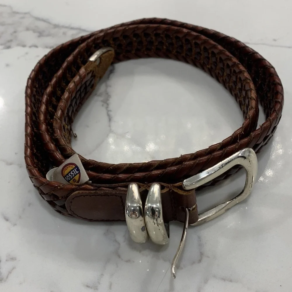 Fossil Brown Braided Leather Belt with Silver‎ Hardware. OS